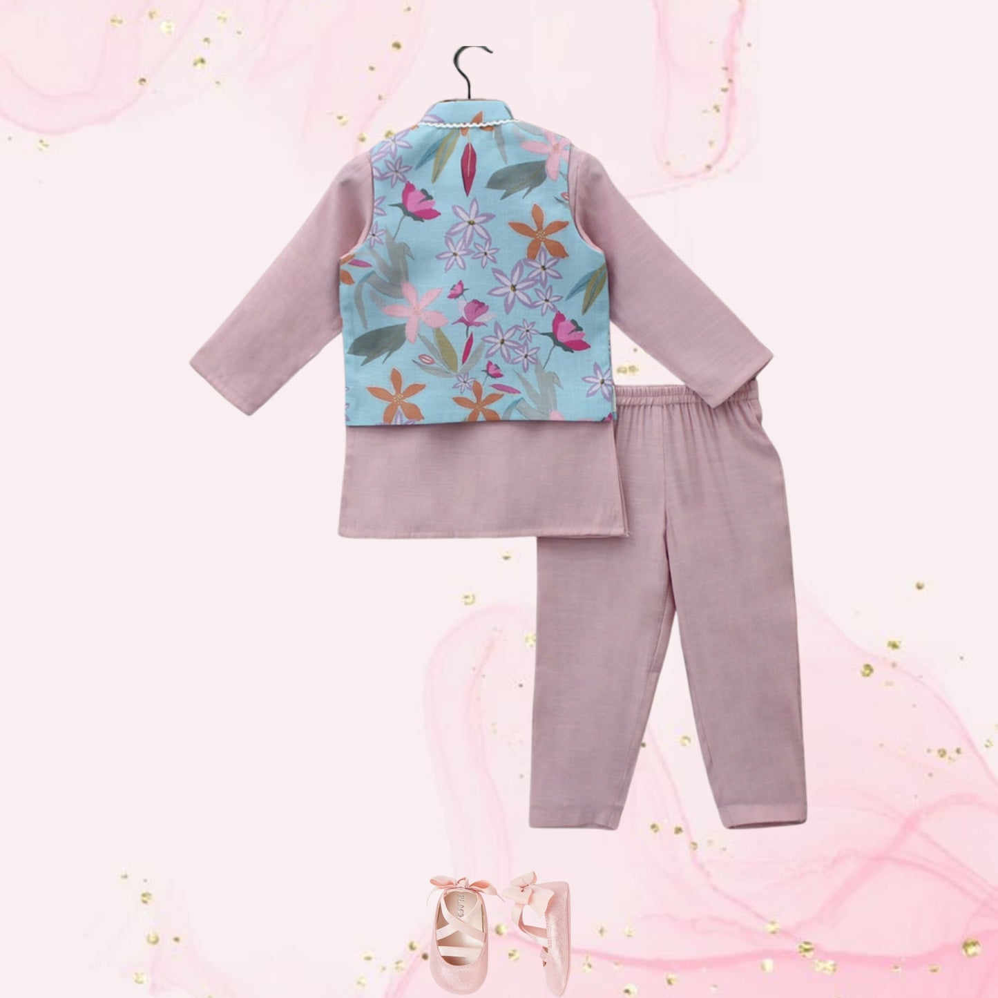 Pre Order: Blue Floral Printed Jacket With Pink Kurta And Pyjama