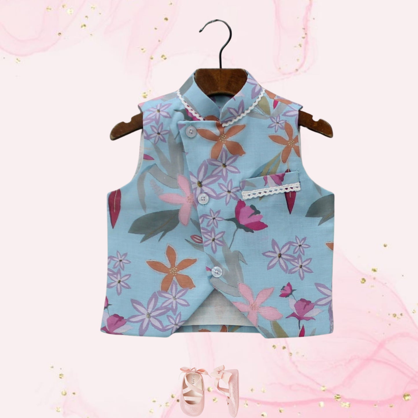 Pre Order: Blue Floral Printed Jacket With Pink Kurta And Pyjama