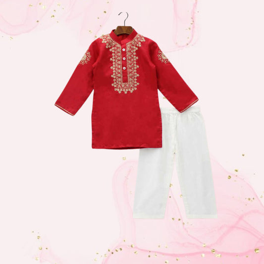 Embroidered Yoke Red Ethnic Kurta And Pyjama