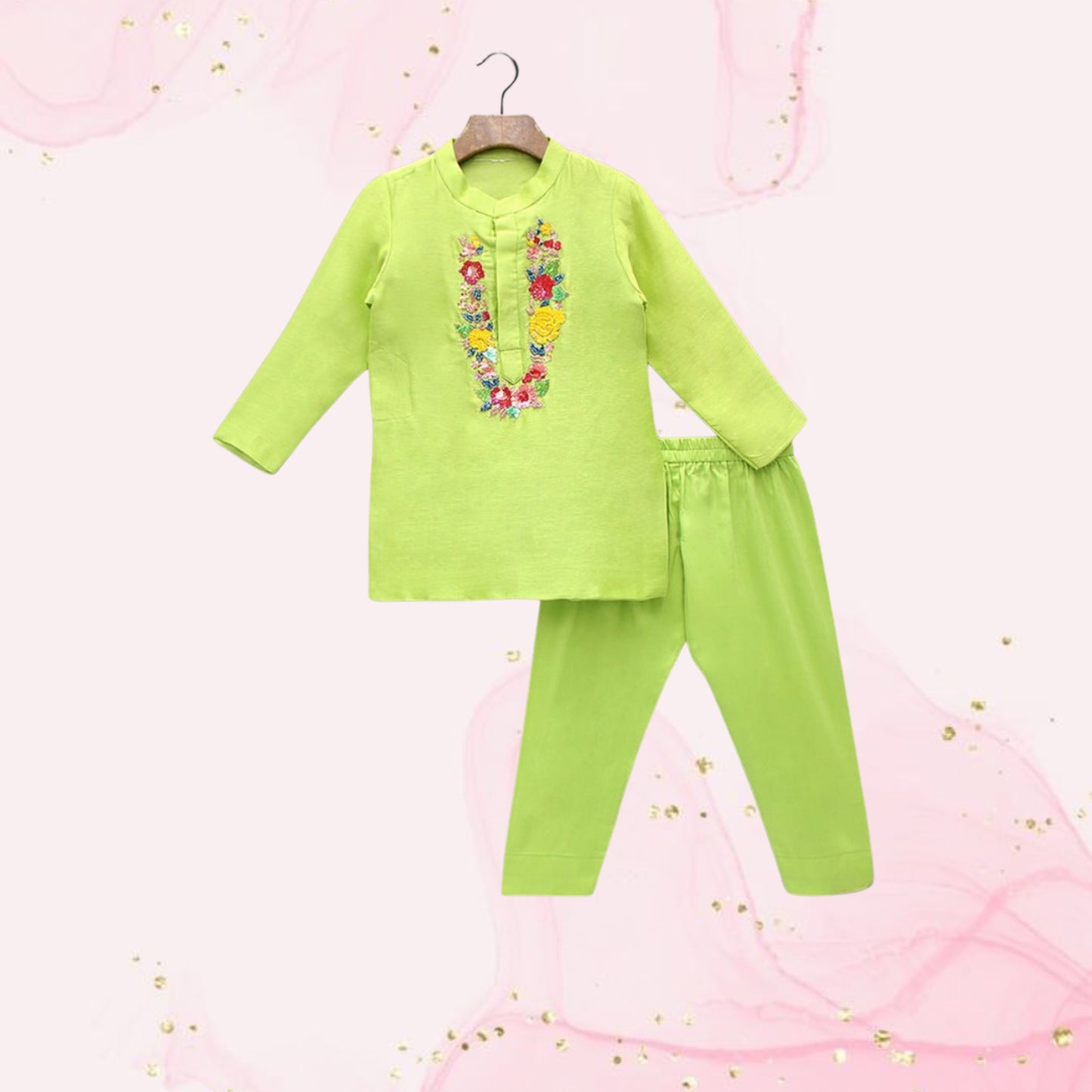 Pre Order: Floral Embroidered Green Kurta And Matching Pyjama