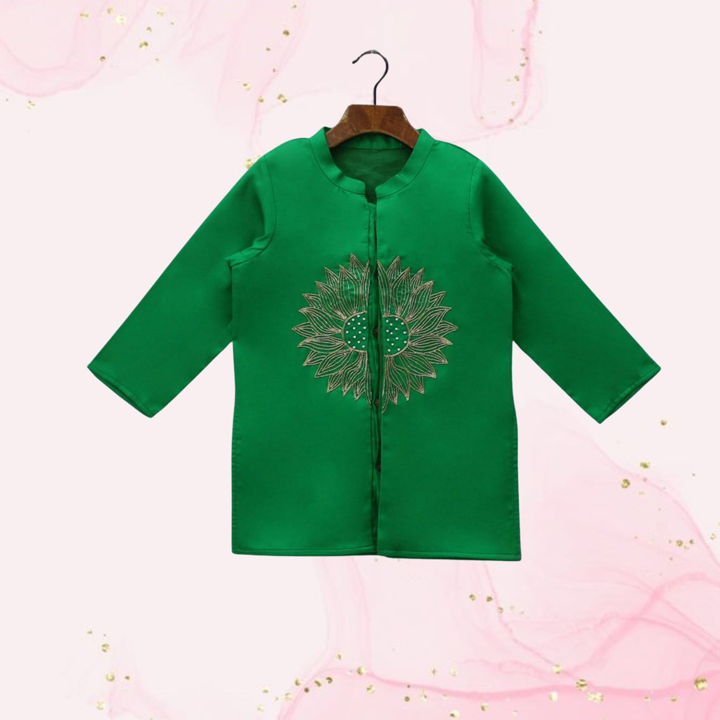 Pre Order: Green Embroidered Front Open Kurta With Pyjama