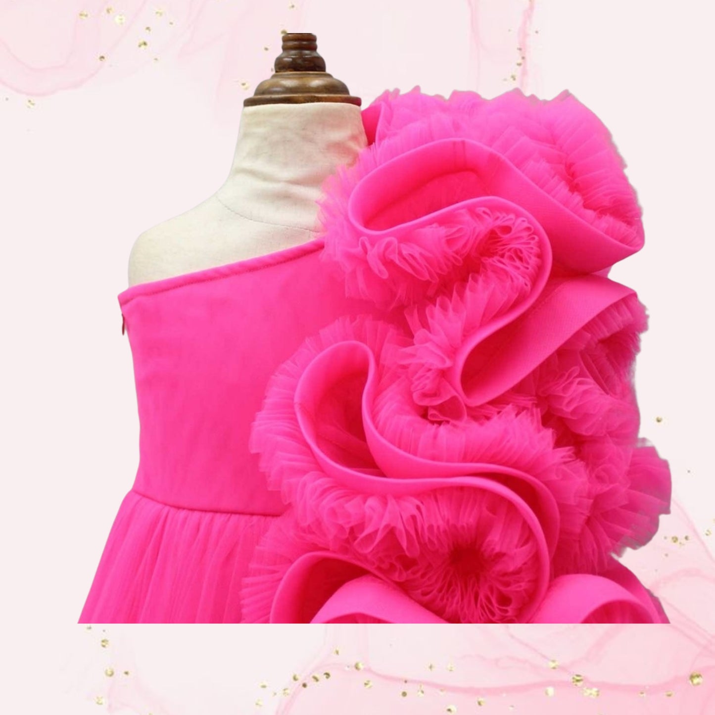 Pre Order: Pink One Shoulder Ruffle Net Gown