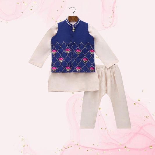 Pre Order: Kurta And Floral Thread Embroidered Jacket With Pyjama