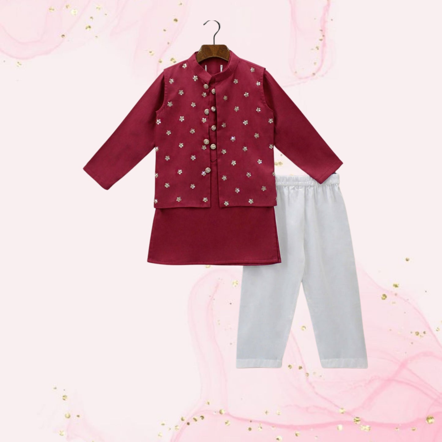 Pre Order: Maroon Ethnic Kurta With Floral Sequins Embroidered Jacket And Pyjama