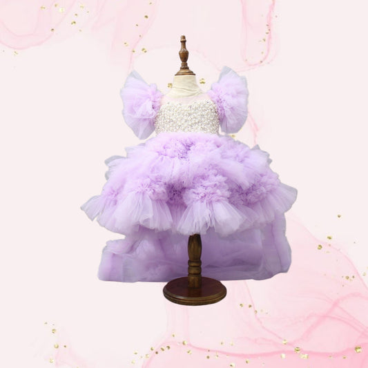 Pre Order: Embellished Layered Lilac Dress With Detachable Trail And Bow With Swirled Bowie Headband