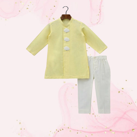 Pre Order: Yellow Hand Embroidered Placket Kurta With Pant