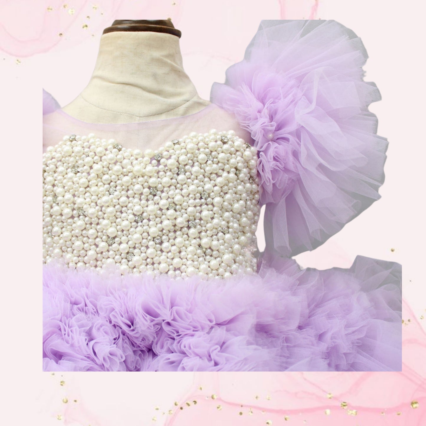 Pre Order: Embellished Layered Lilac Dress With Detachable Trail And Bow With Swirled Bowie Headband