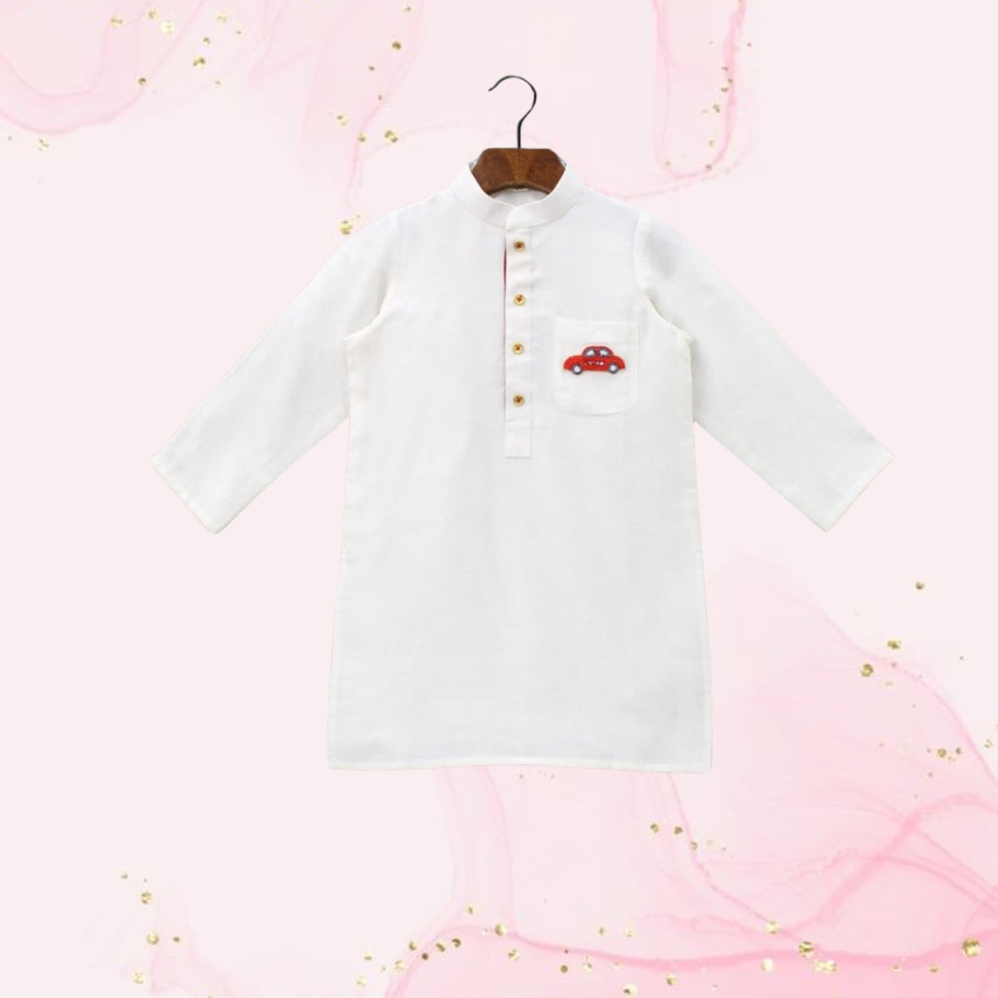 Pre Order: Car Embroidered Patch Pocket Detail White Kurta