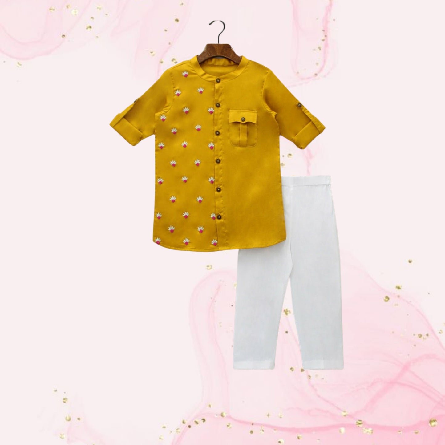 Pre Order: Mustard One Side Embroidered Kurta With Pyjama