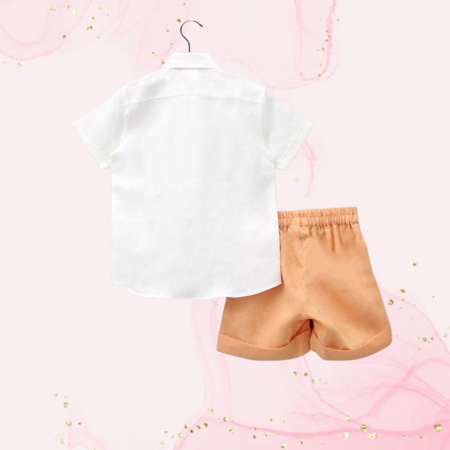 Pre Order: Patch Pocket Off White Shirt And Peach Shorts With Bow Tie