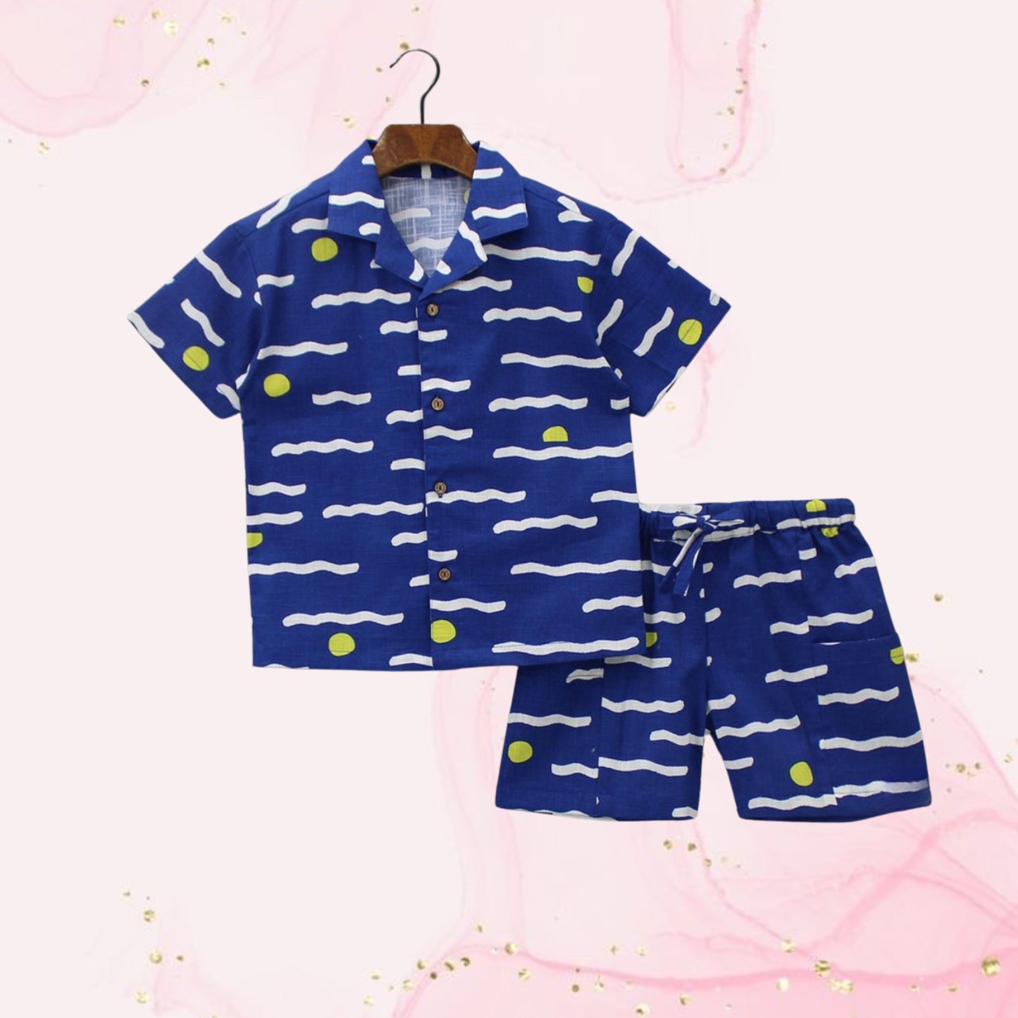 Pre Order: Blue Printed Notch Collar Shirt And Dual Pockets Detail Shorts