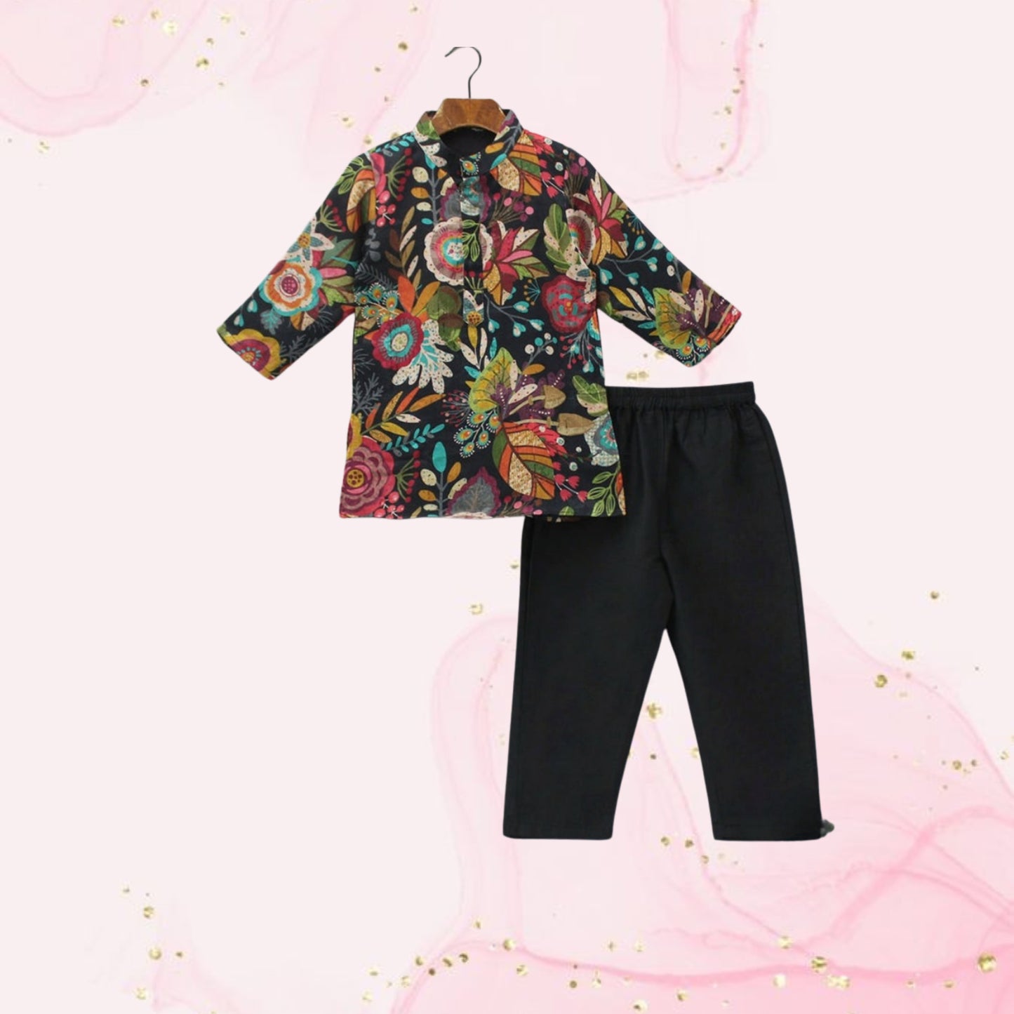 Multicolour Floral Printed Kurta And Black Pyjama