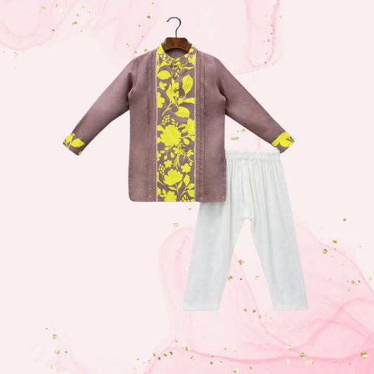 Pre Order: Yellow Floral Printed Pintuck Brown Kurta And Pyjama