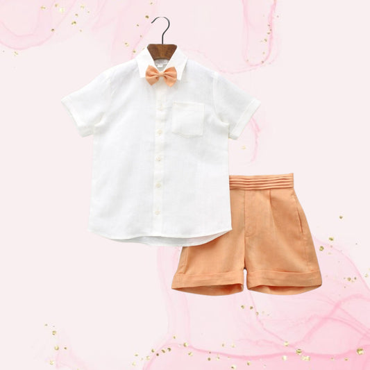 Pre Order: Patch Pocket Off White Shirt And Peach Shorts With Bow Tie