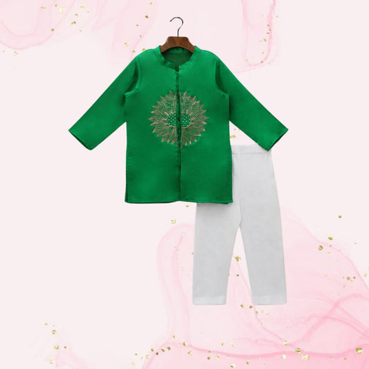 Pre Order: Green Embroidered Front Open Kurta With Pyjama