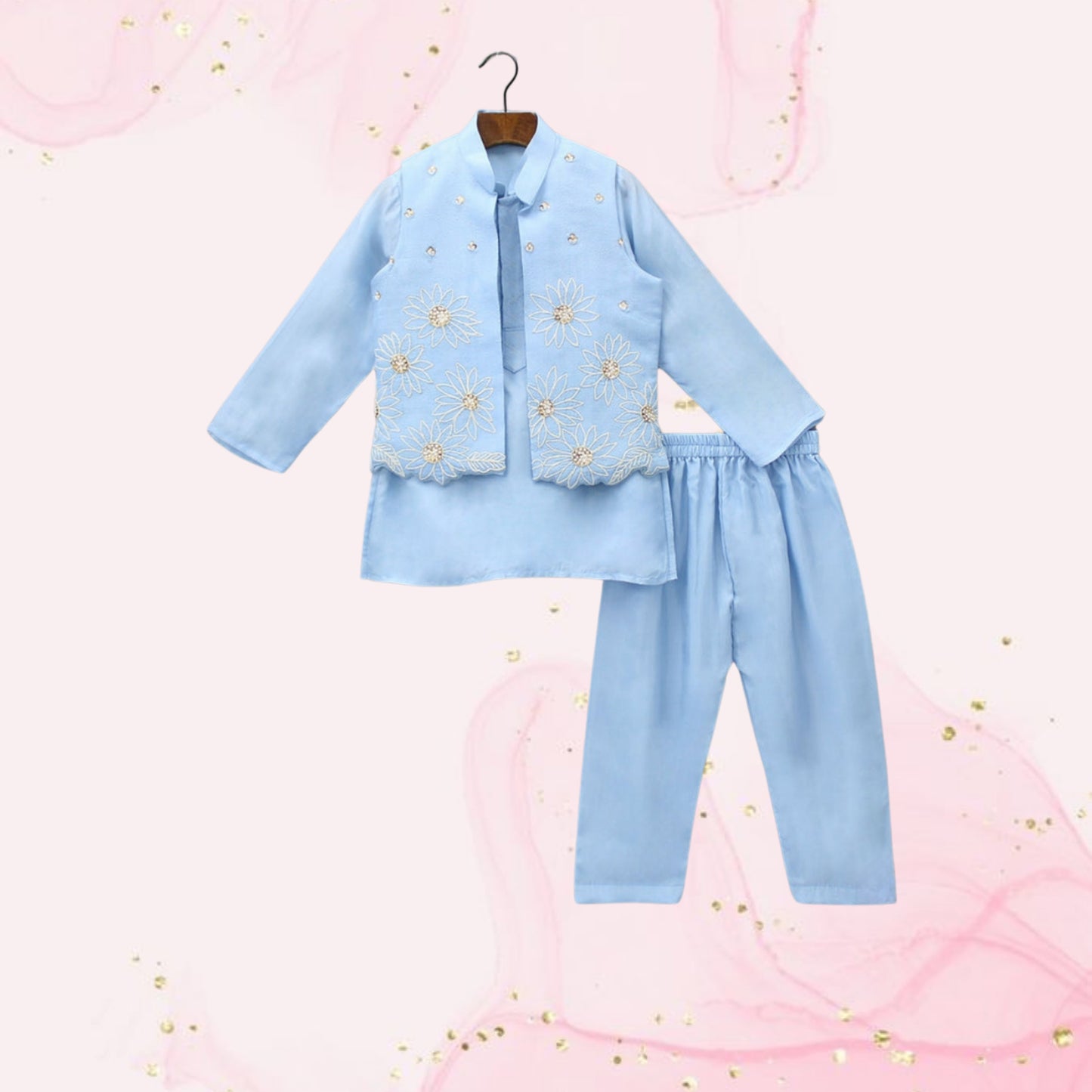 Pre Order: Silk Mandarin Collar Blue Kurta With Open Jacket And Pyjama