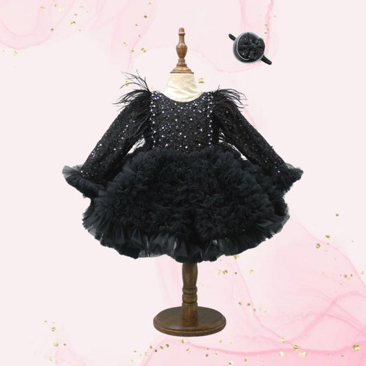 Pre Order: Sequins Embellished Ruffled Black Dress With Matching Swirled Bowie Headband