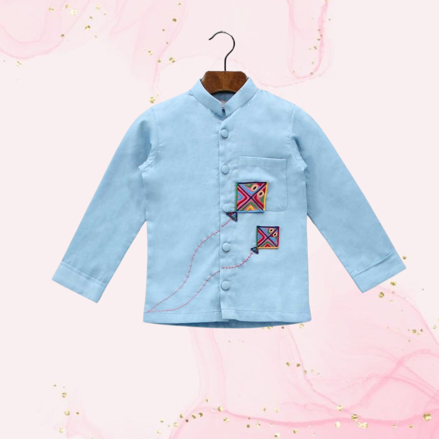 Pre Order: Kites Adorned Patch Pocket Blue Shirt