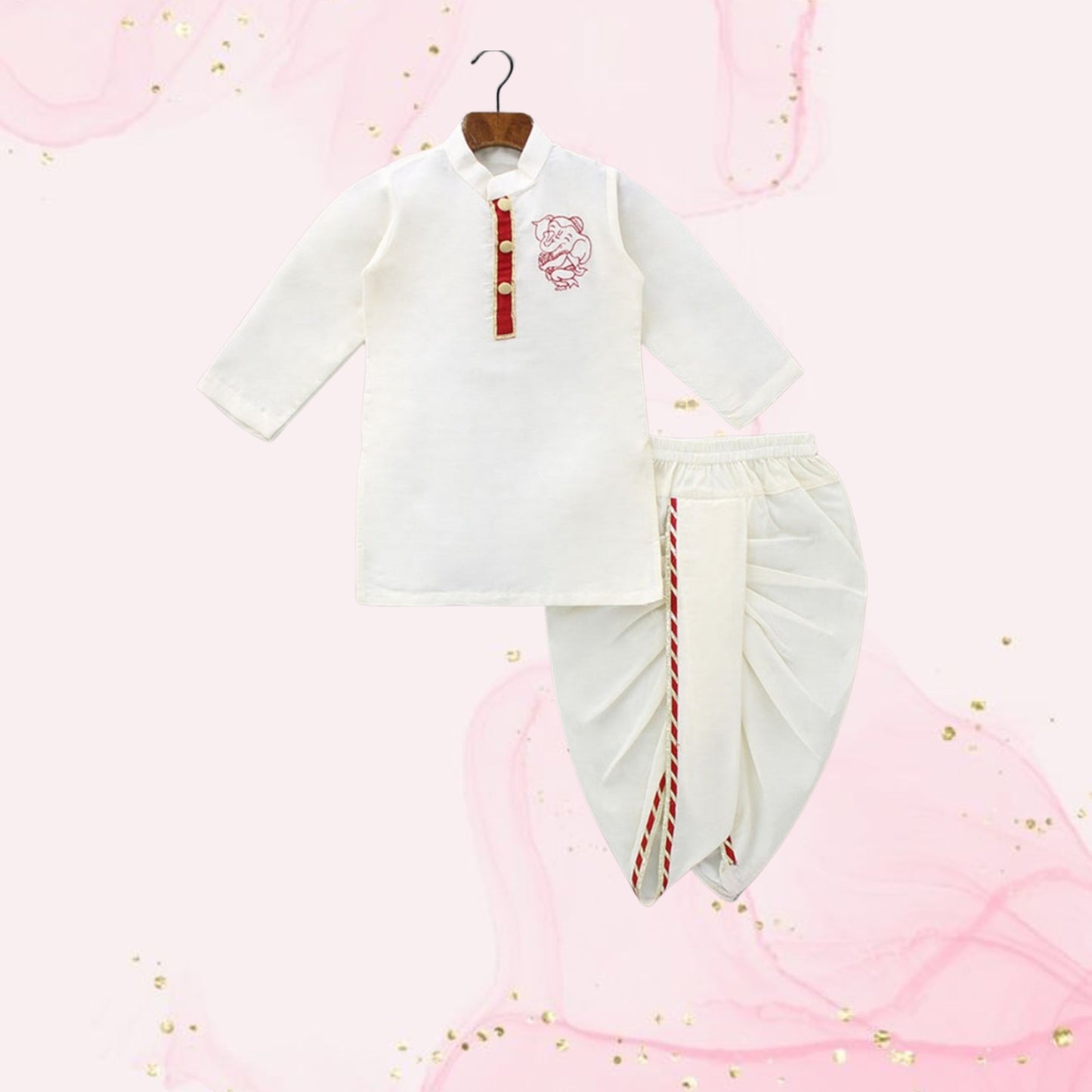 Pre Order: Ganesha Embroidered Off White Kurta And Dhoti