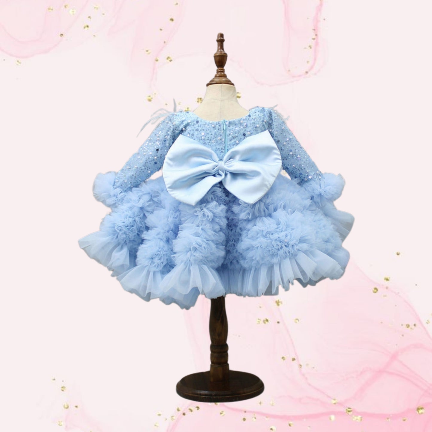 Pre Order: Sequins Embellished Ruffled Blue Dress With Matching Swirled Bowie Head Band