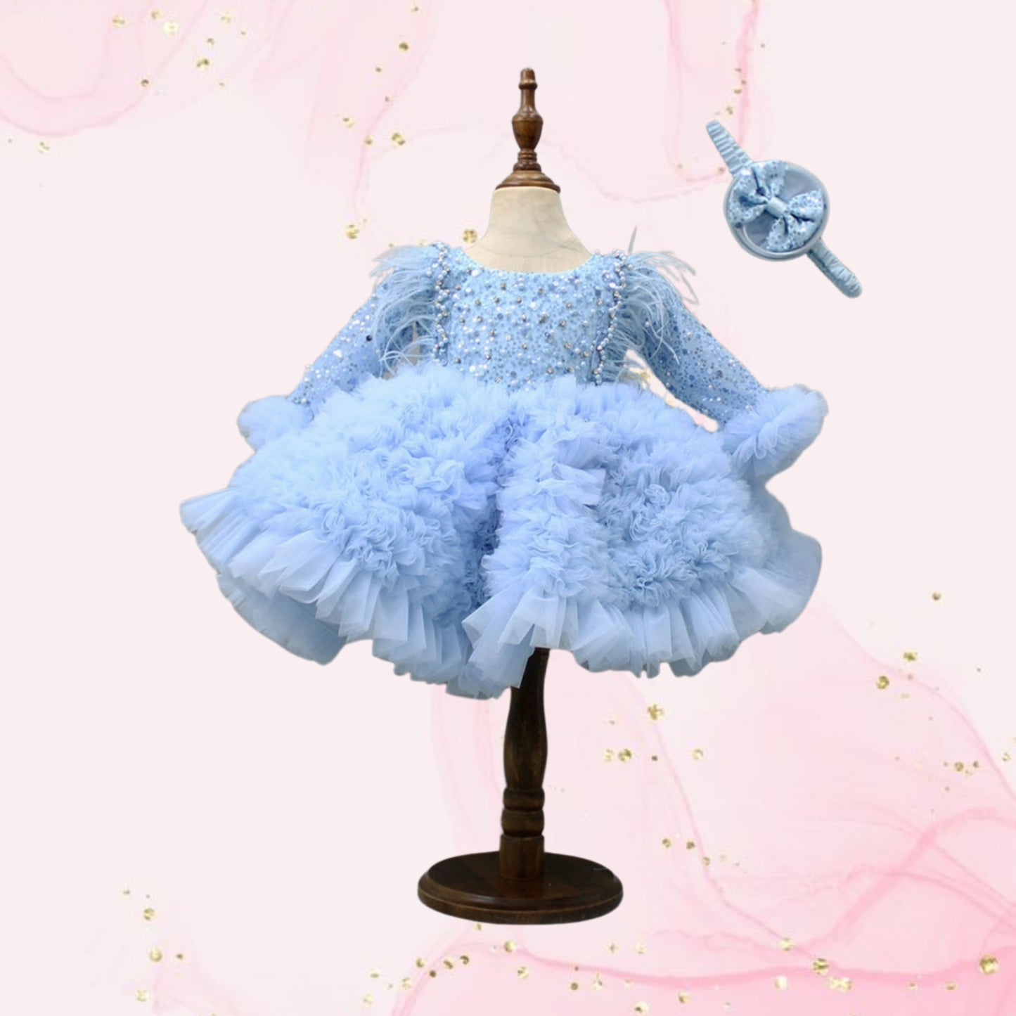 Pre Order: Sequins Embellished Ruffled Blue Dress With Matching Swirled Bowie Head Band