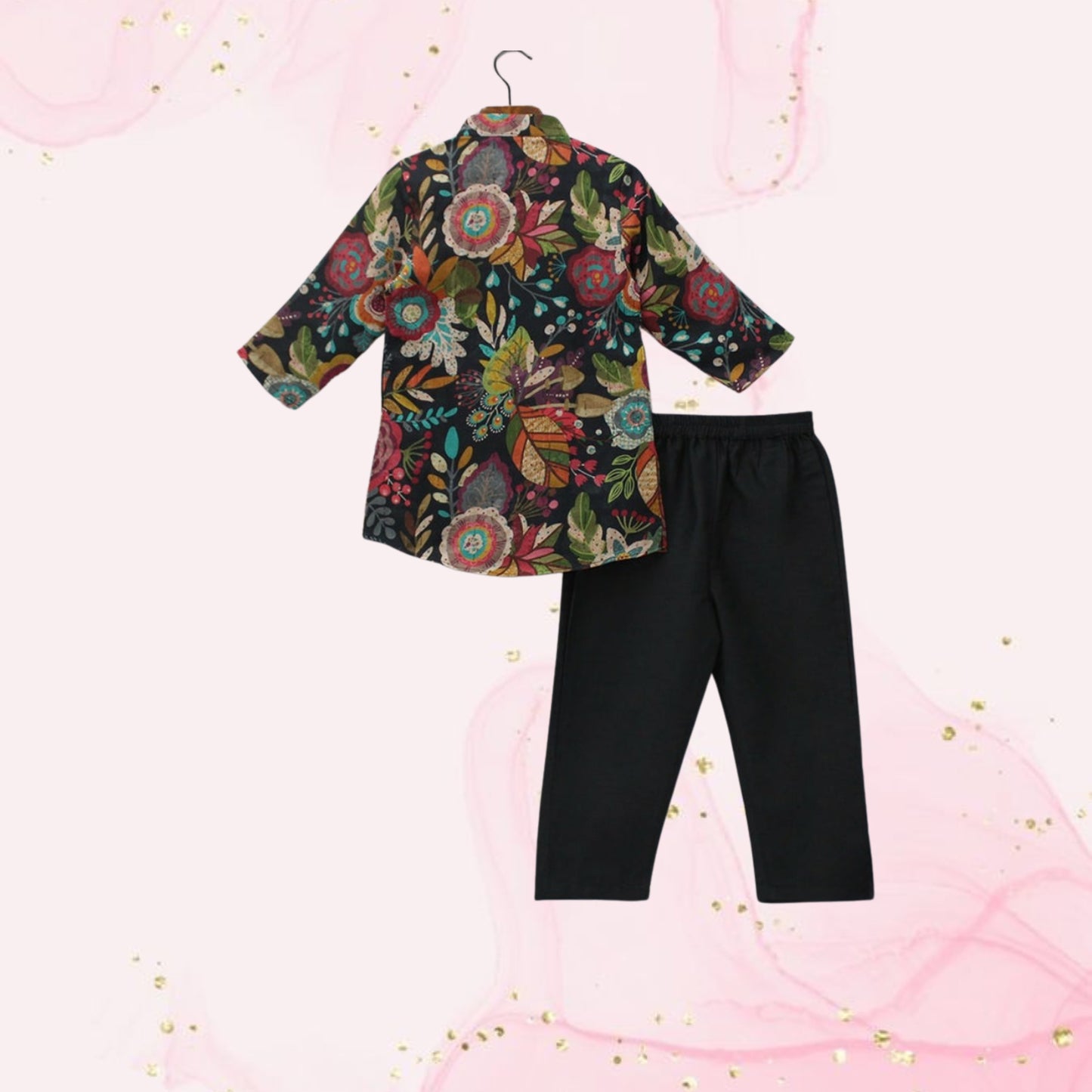 Multicolour Floral Printed Kurta And Black Pyjama