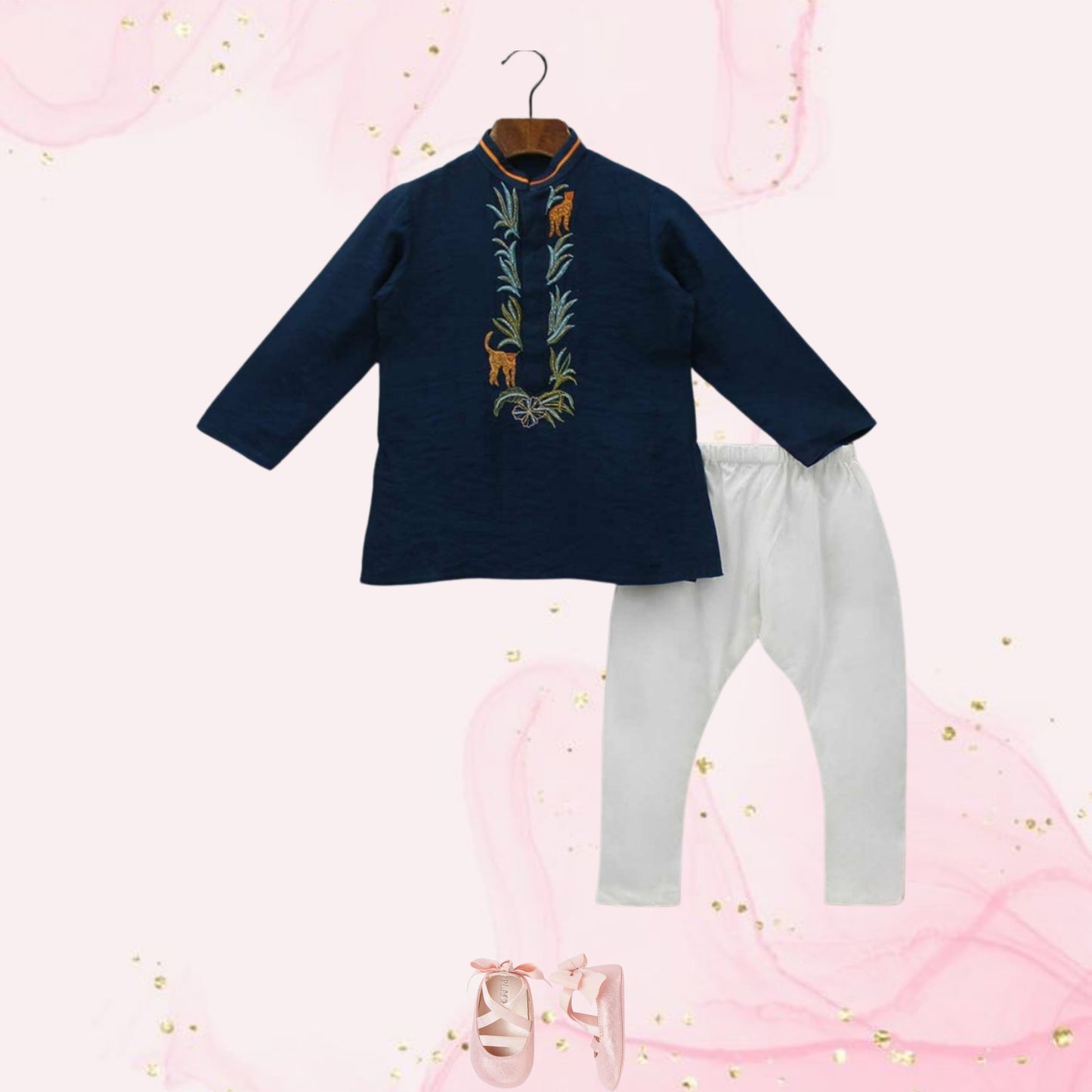 Pre Order: Blue Kurta With Animal Embroidery And Pyjama