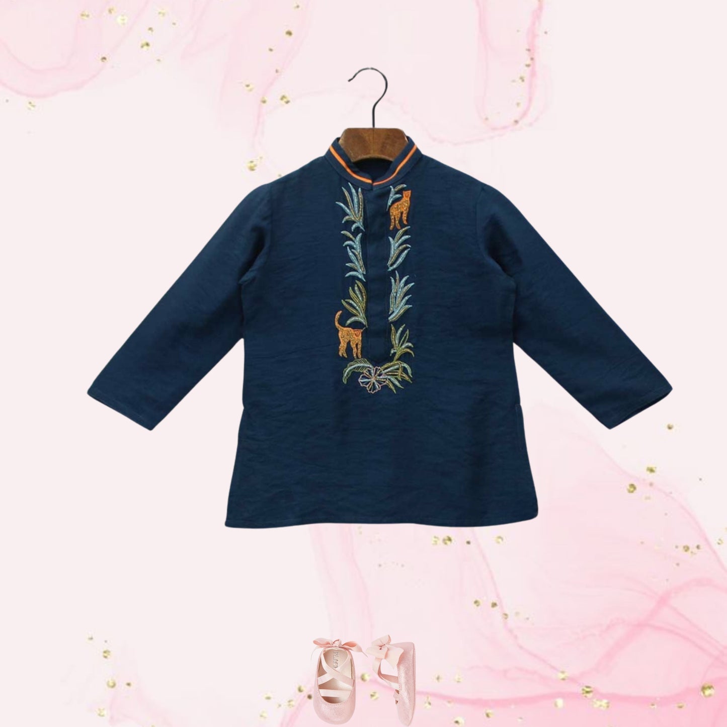 Pre Order: Blue Kurta With Animal Embroidery And Pyjama