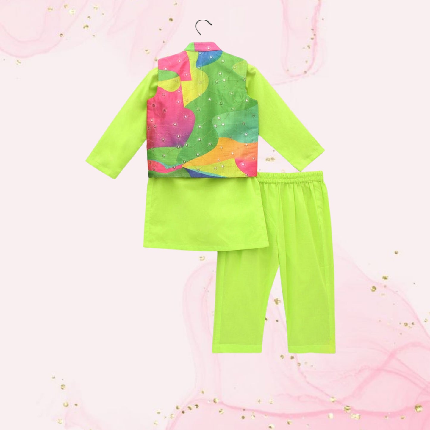 Pre Order: Green Kurta With Multicoloured Printed Jacket And Pyjama