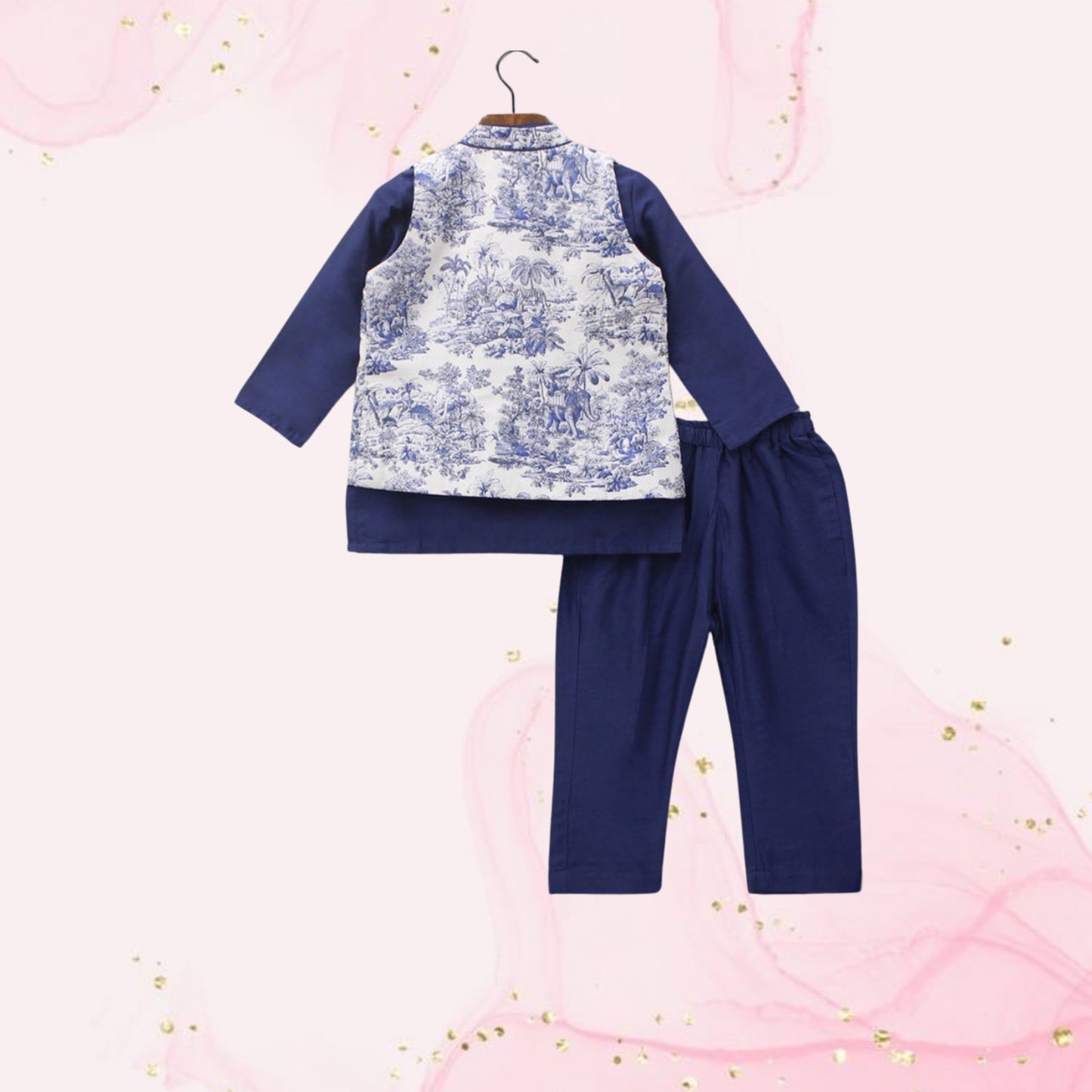 Pre Order: Blue Kurta With Printed Jacket And Pyjama