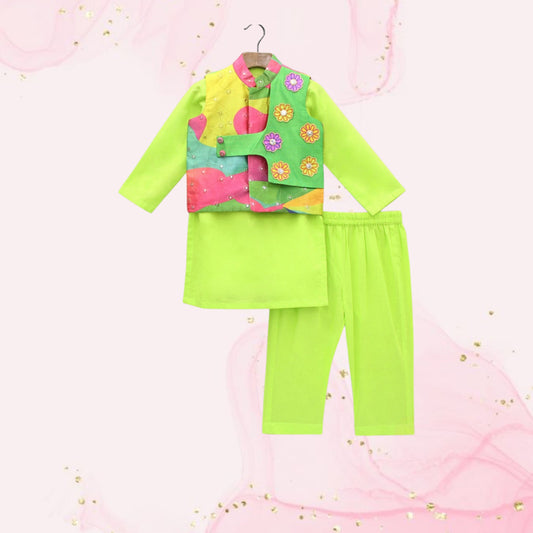 Pre Order: Green Kurta With Multicoloured Printed Jacket And Pyjama