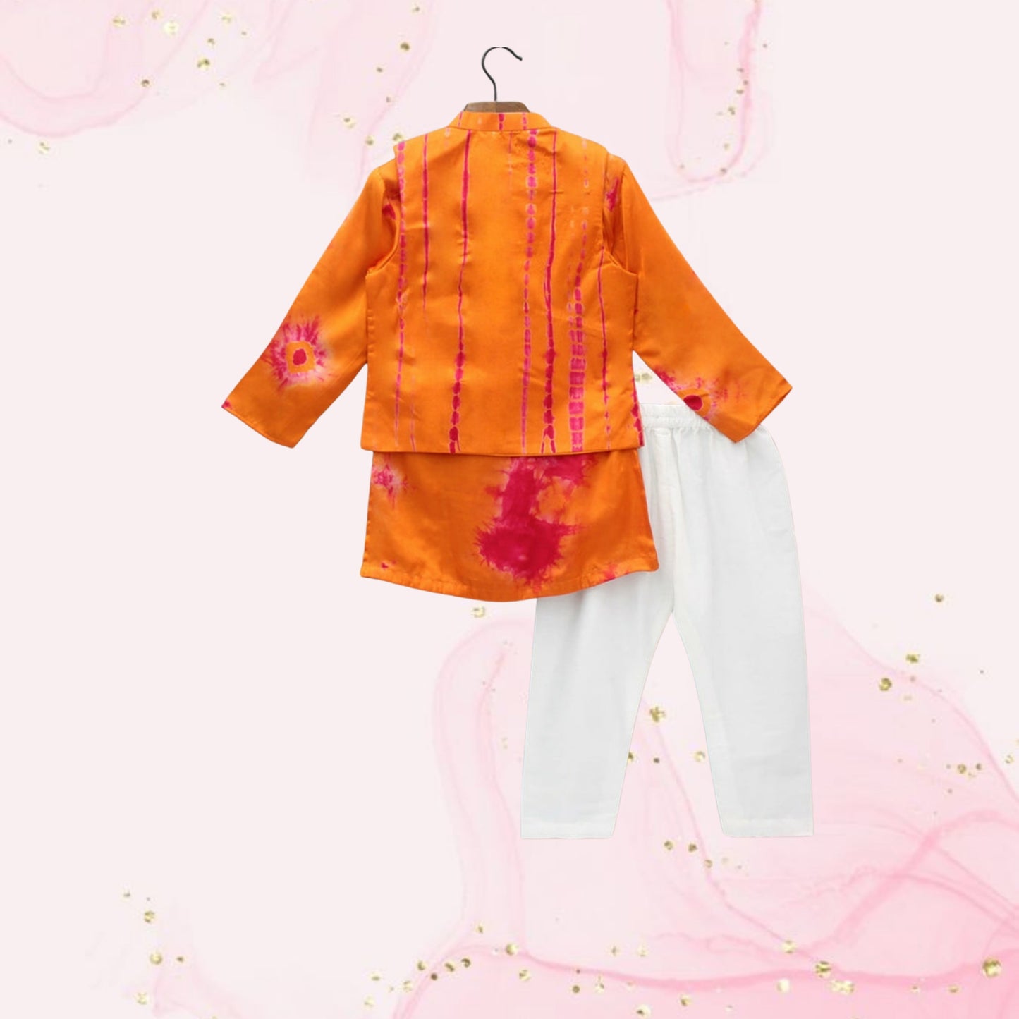 Pre Order: Orange Printed Kurta With Jacket And Pyjama