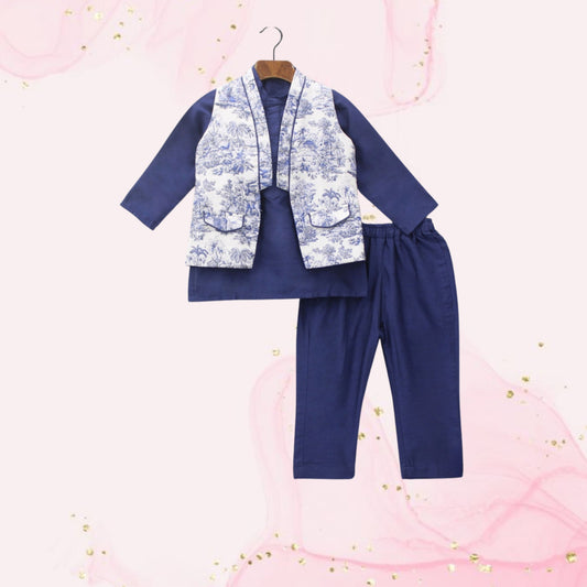 Pre Order: Blue Kurta With Printed Jacket And Pyjama