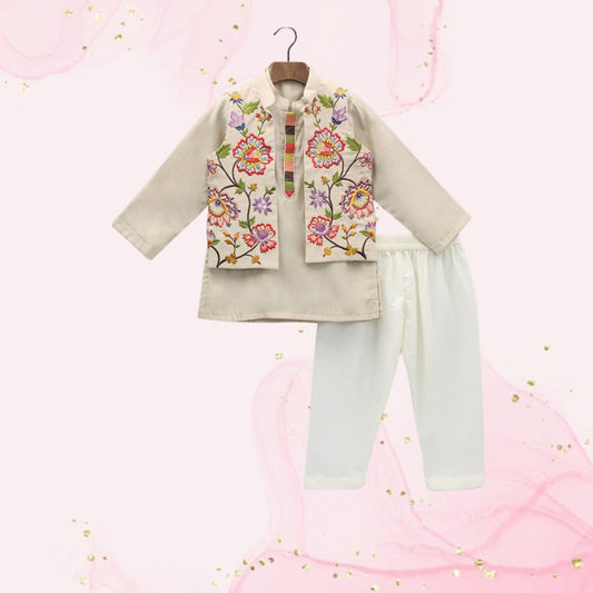 Pre Order: Beige Kurta And Embroidered Front Open Jacket With Pyjama