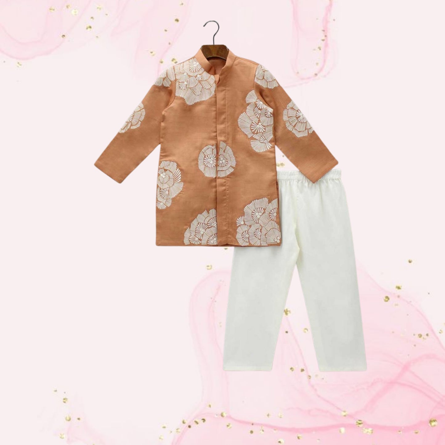 Pre Order: Thread Embroidered Peach Kurta And Off White Pyjama