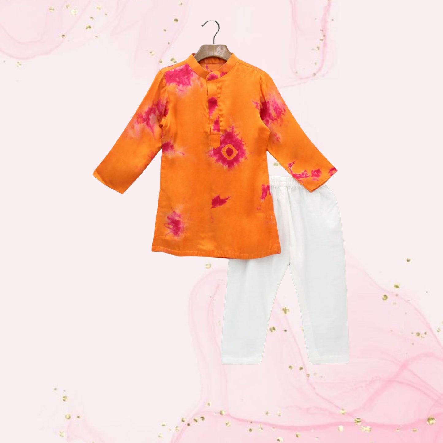 Pre Order: Orange Printed Kurta With Jacket And Pyjama