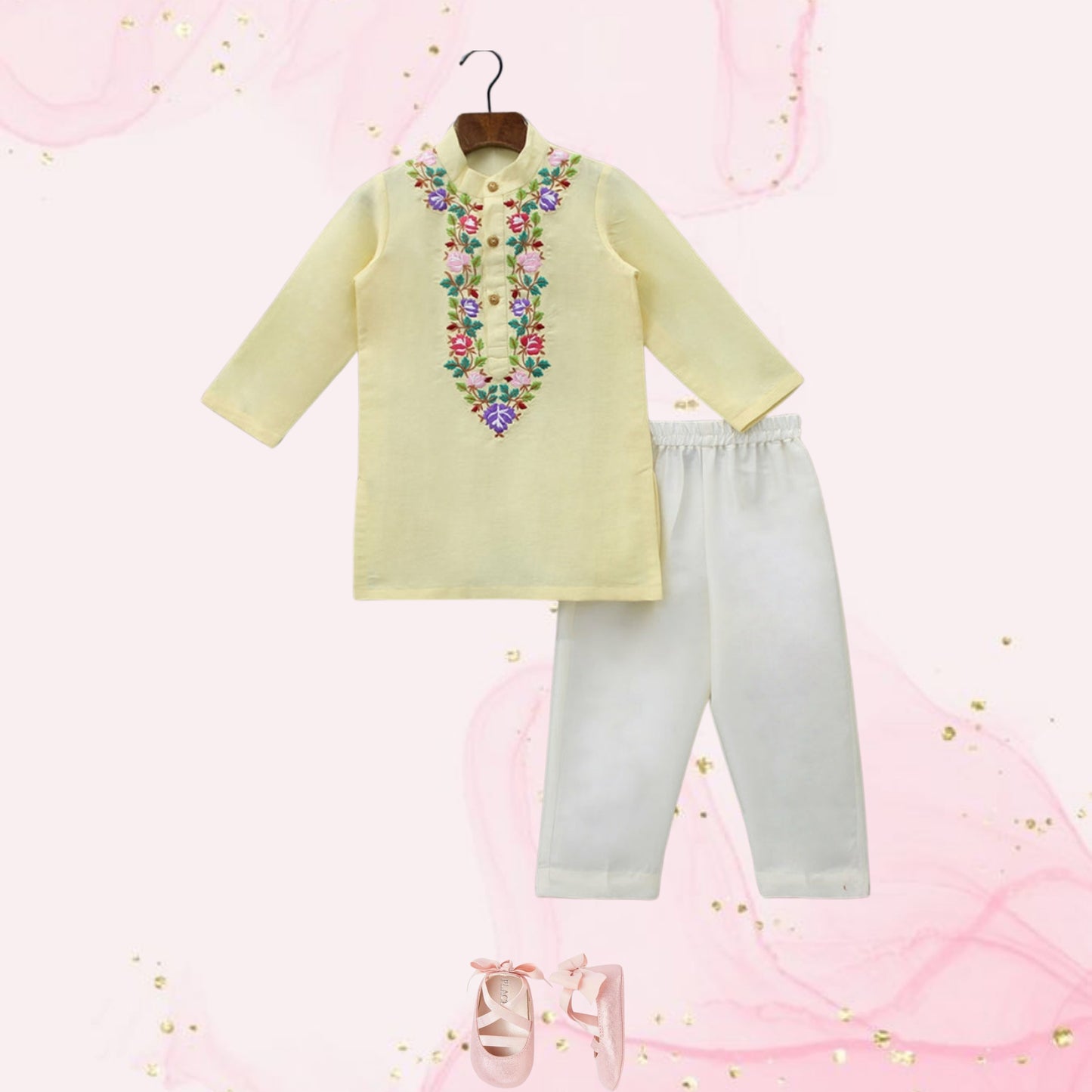 Pre Order: Floral Embroidered Yellow Kurta And Pyjama