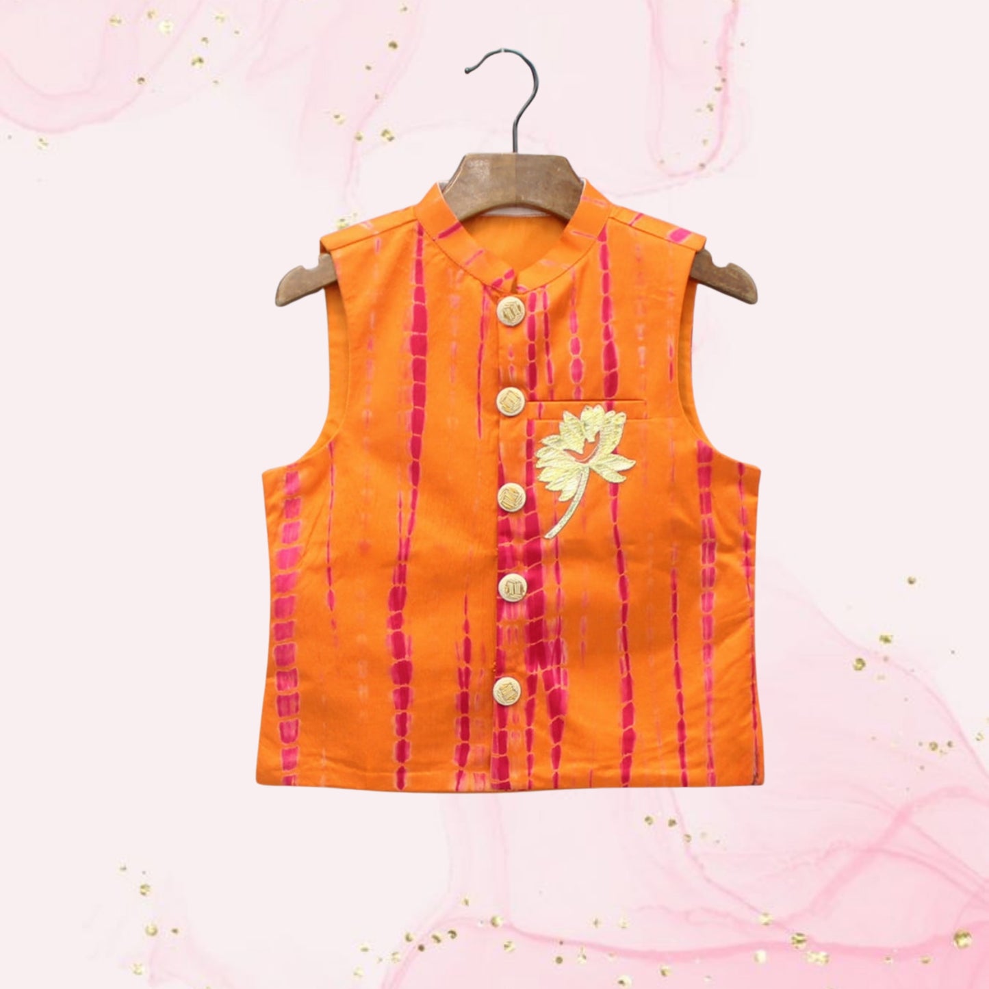 Pre Order: Orange Printed Kurta With Jacket And Pyjama