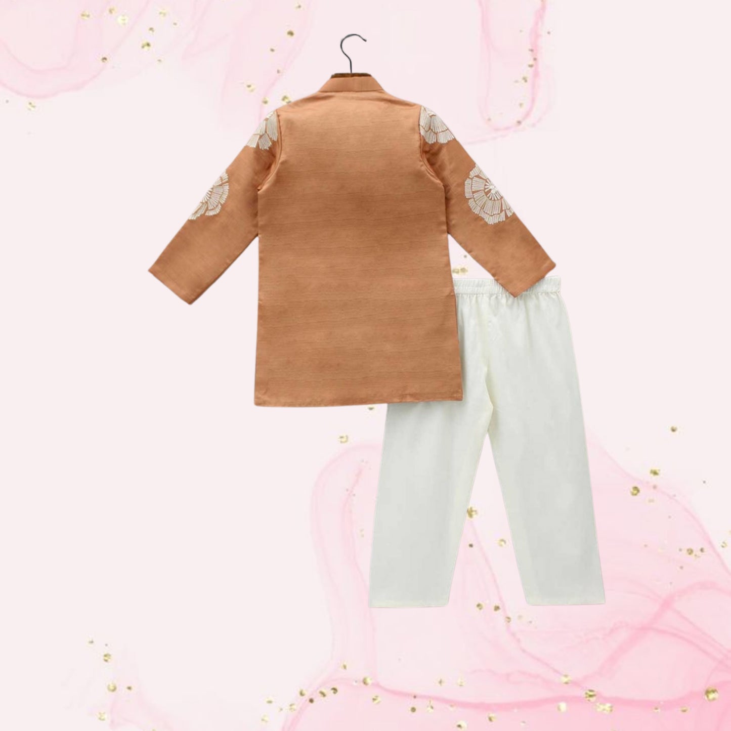 Pre Order: Thread Embroidered Peach Kurta And Off White Pyjama