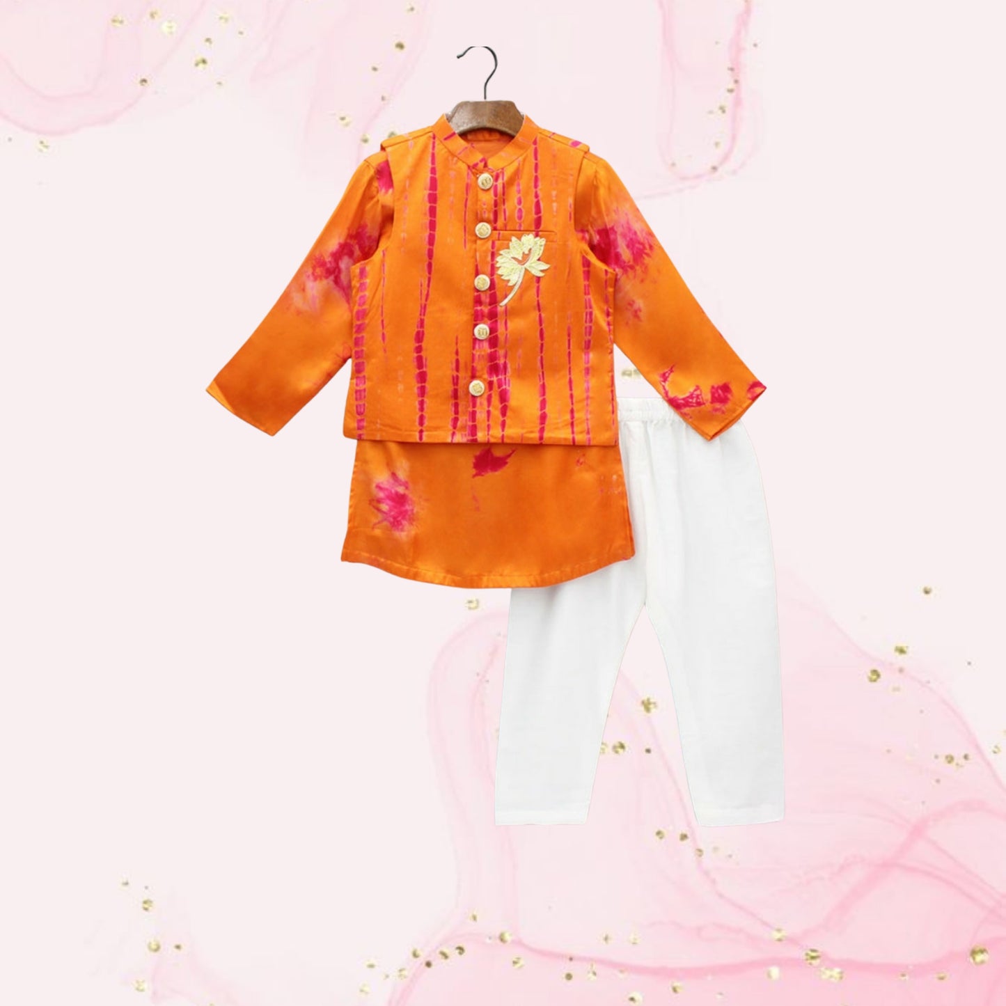 Pre Order: Orange Printed Kurta With Jacket And Pyjama