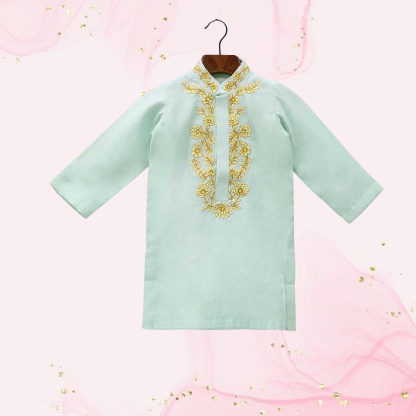 Pre Order: Embroidered Collar And Placket Green Kurta With Churidar