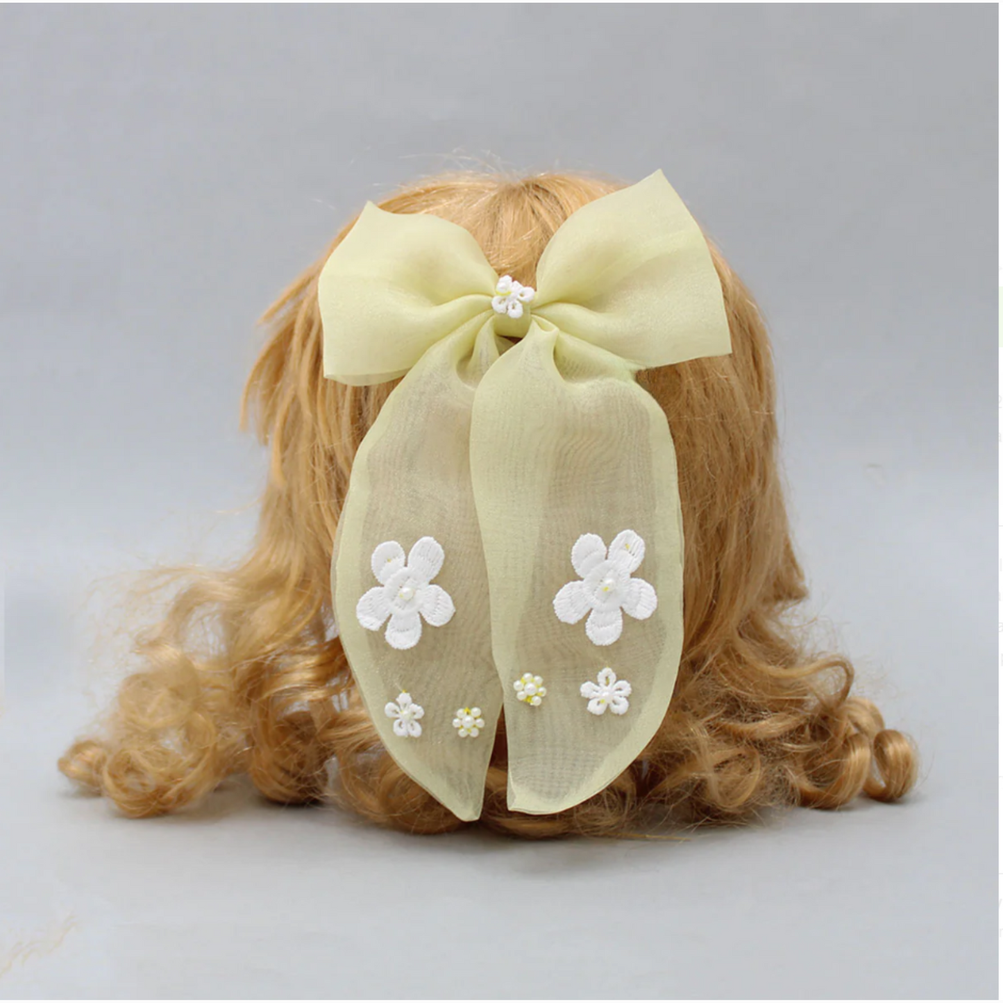 Beautiful Embroidered Organza Yellow Bowie Hair Clip