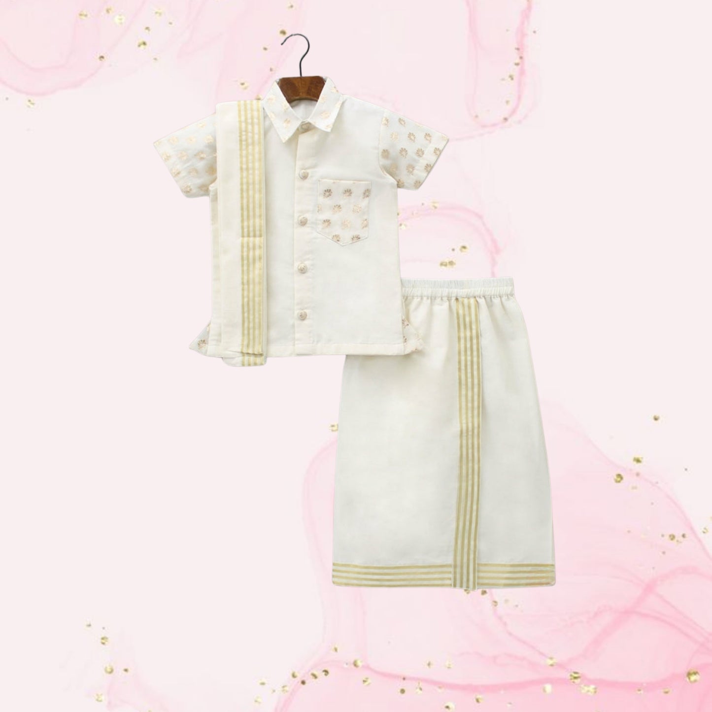 Pre Order: Exquisite Off White Shirt And Stitched Lungi With Shawl