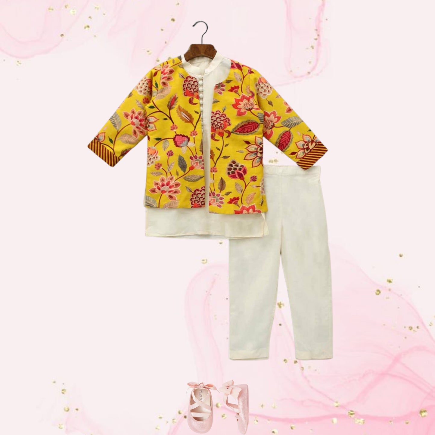 Loop Buttons Detail Kurta With Yellow Open Jacket And Pyjama