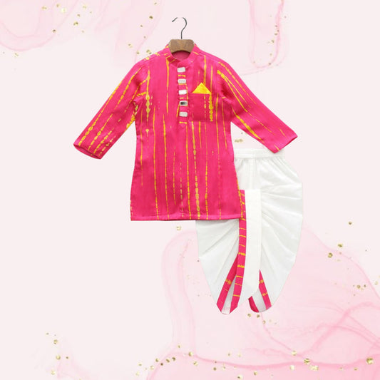 Pre Order: Pink Printed And Embellished Kurta With Dhoti