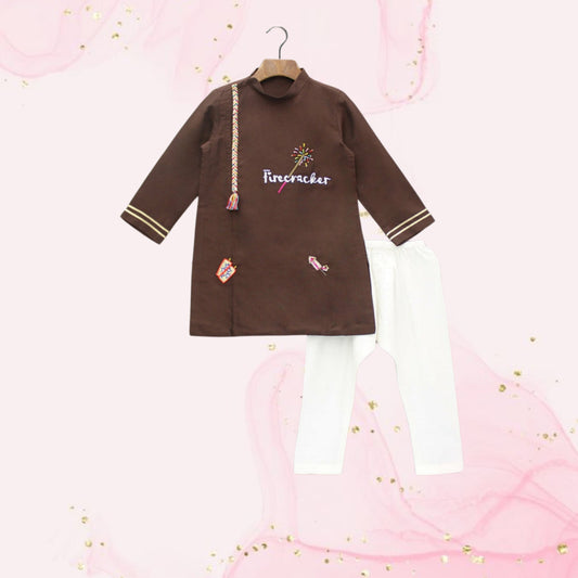 Pre Order: Embroidered Brown Kurta With Pyjama