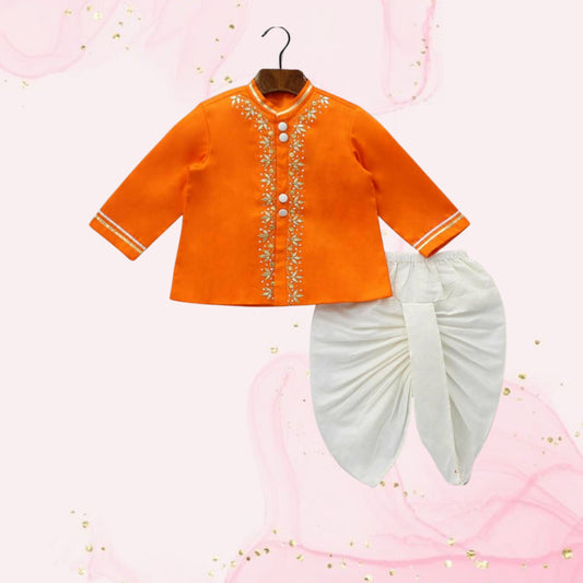 Pre Order: Gota Lacework Detail Orange Kurta And Dhoti