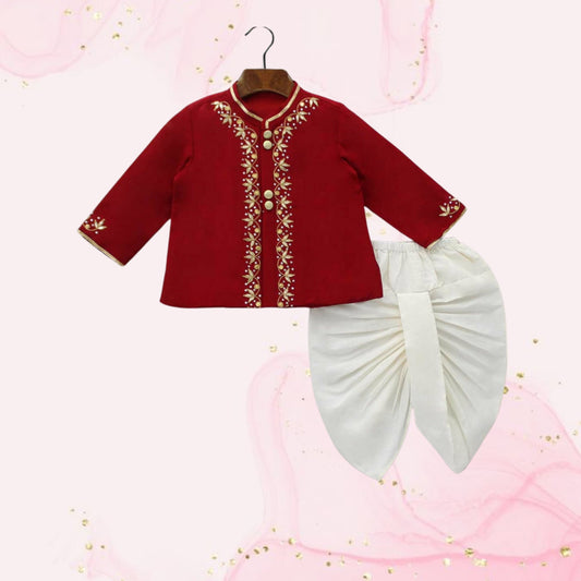 Pre Order: Gota Lacework Detail Red Kurta And Dhoti