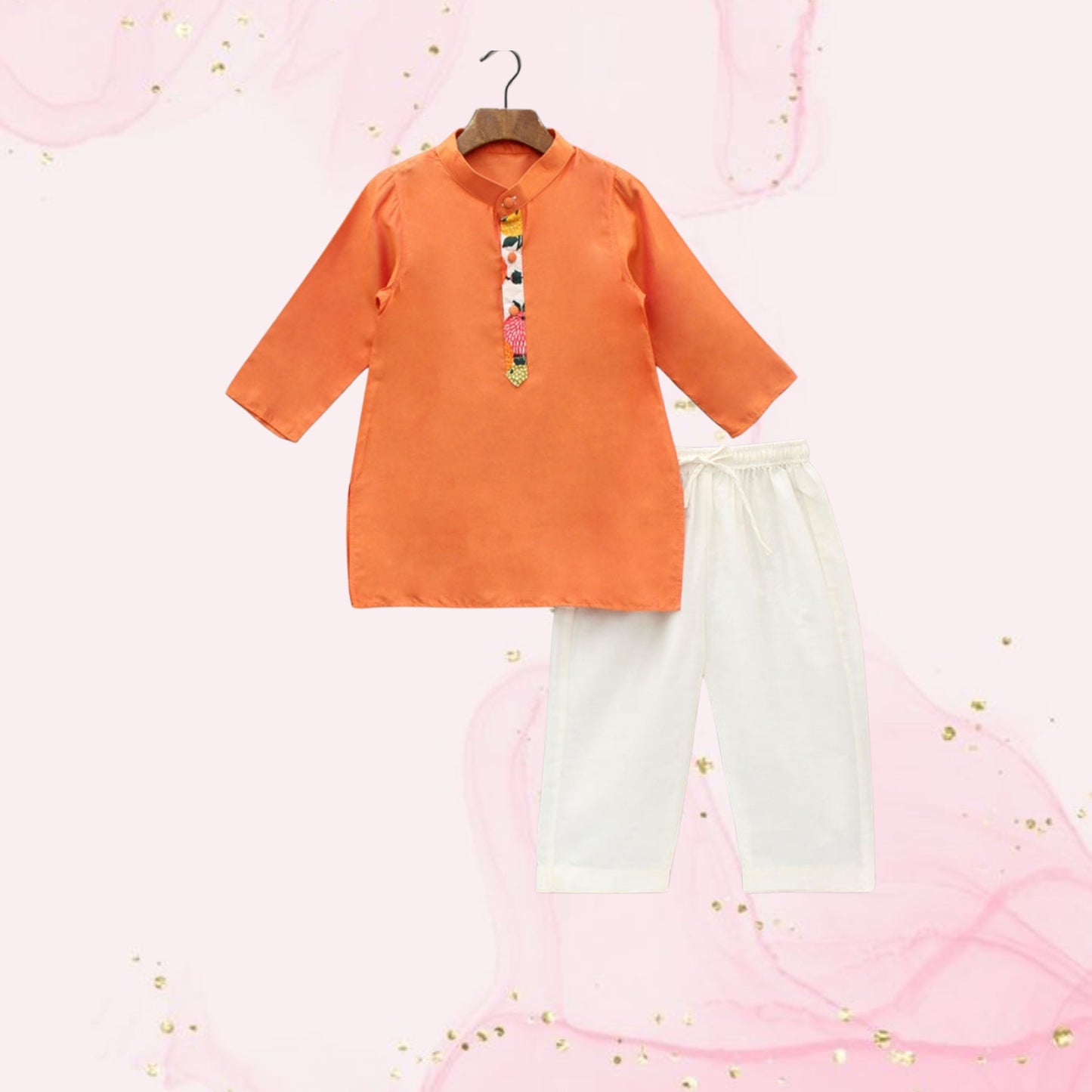 Pre Order: Orange Kurta And Multicolour Jacket With Pyjama