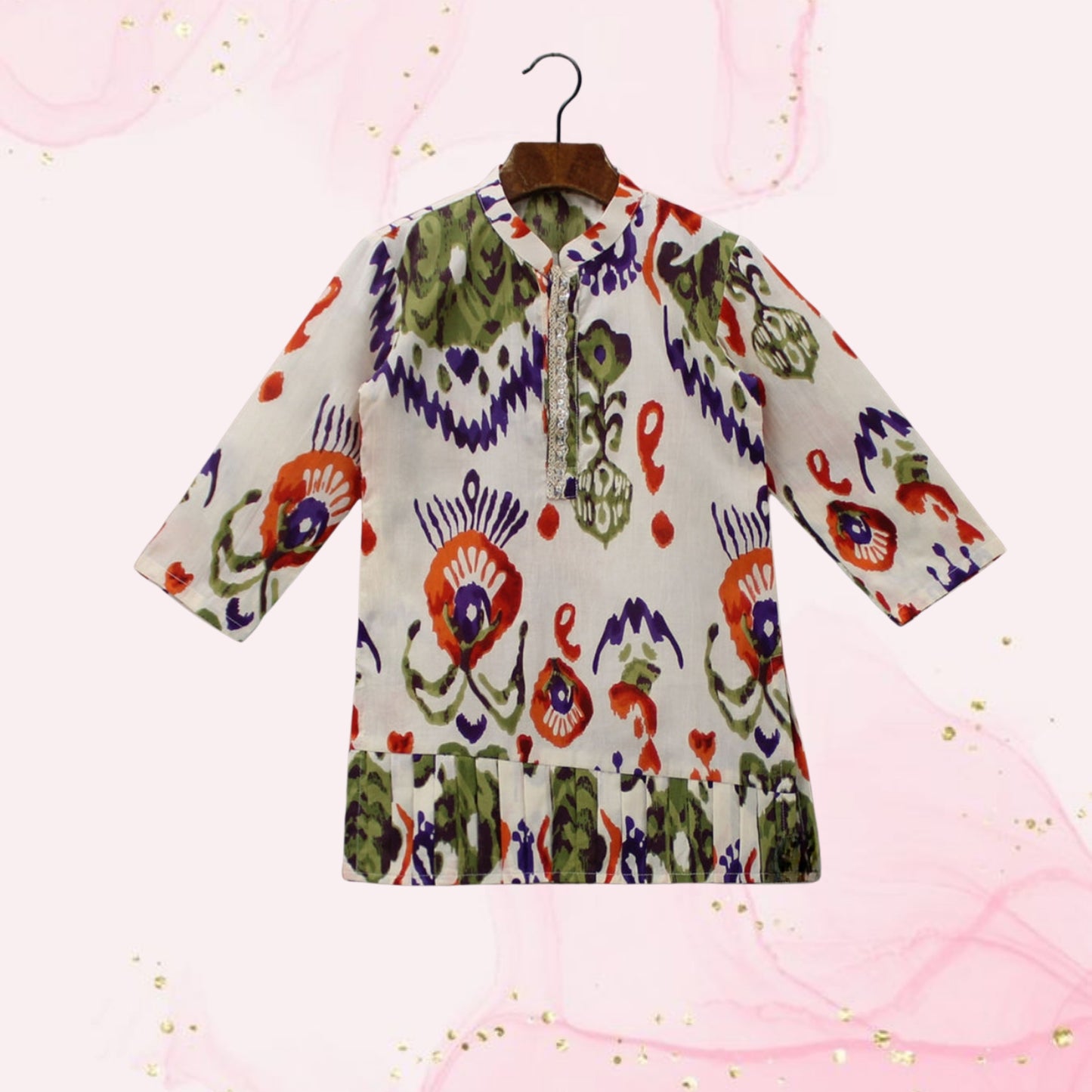 Pre Order: Pleated Hem Multicolour Printed Kurta And Pyjama